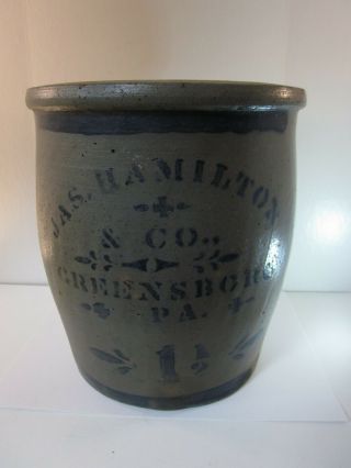 Jas.  Hamilton & Co Greensboro,  Pa.  1 1/2 Gallon Stoneware Crock Jar W/blue
