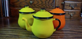 Vintage/antique Enamel Tea Pot And Cups W/lids Yellow Orange Japan