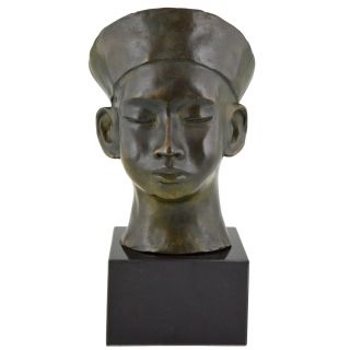 Art Deco Bronze Bust Chinese Boy With Hat And Braid C.  Le Van 1930