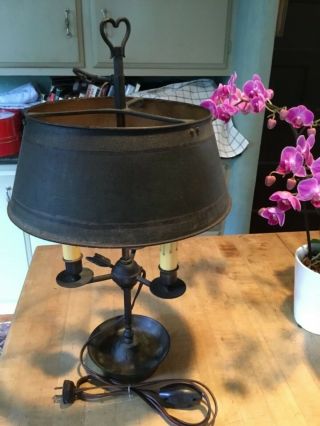 Antique French Bronze Bouillotte Lamp With Metal Tole Shade,  Marked “france”