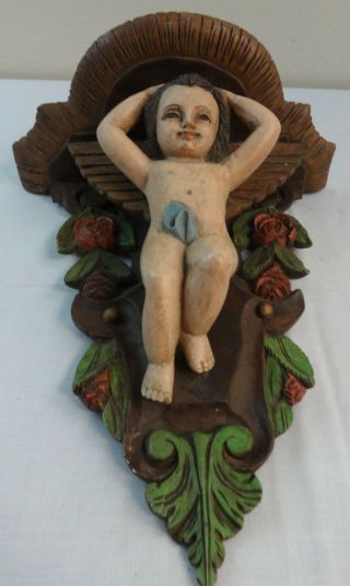 Vintage Carved & Painted Wood Shelves Cherub Figures With Flowers