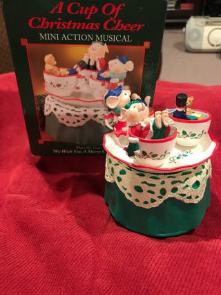 Vintage Enesco”a Cup Of Christmas Cheer” Mini Action Musical W/ Mice In Teacups