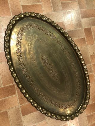 Very Large 45” Antique/vtg Oval Solid Brass Embossed Tray Table Top Wall Plaque