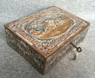 Big antique french jewelry box brass and copper early 1900 ' s angels religious 2