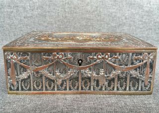 Big antique french jewelry box brass and copper early 1900 ' s angels religious 3