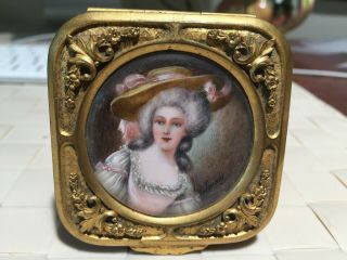 Antique French Jewelry Box In Gilded Bronze,  Miniature Painting