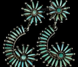 Old Pawn Vintage Zuni 2 3/4 " Turquoise Needlepoint Sterling Dangle Earrings