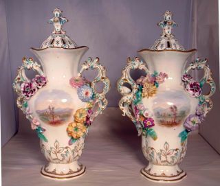 Pr.  English Coalport Coalbrookdale Porcelain Flower Encrusted Urns Vases 15 "
