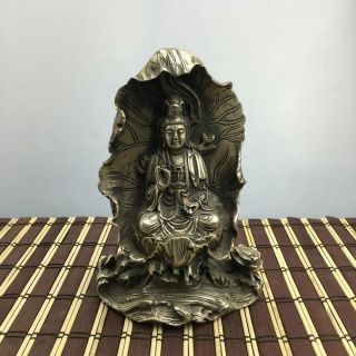 China Old Copper Plating Silver Lotus Leaf Kwan - Yin Guanyin Goddess Statue E01