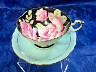Paragon Pink Roses Black & Baby Blue Footed Tea Cup And Saucer