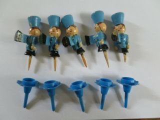 5 1960s Vintage Birthday Cake Candle Holders Wood Marching Soldiers