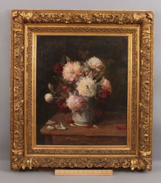 Antique 19thc Signed Chrysanthemum Flowers Still Life Oil Painting & Gilt Frame