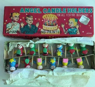 Vintage Box Of 12 Wooden Angels Birthday Cake Candle Holders Japan