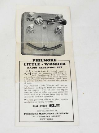 Vintage Philmore Crystal Detector Radio w/Box & Paper Rare Nickel Plated 3