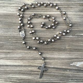 Vintage Antique Rosary Cross 925 Mexico Sterling Silver Handmade Chain 39 Grams