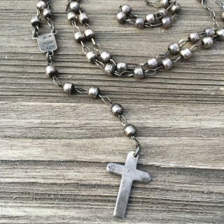Vintage Antique Rosary Cross 925 Mexico Sterling Silver Handmade Chain 39 Grams 2