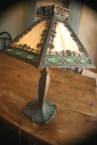 Old Vintage Stained Leaded Glass Electric Desk Lamp Organic Brass Base 1940 
