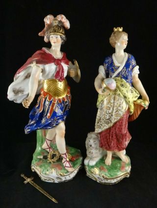 Rare Pr.  Antique English Derby Hp Porcelain Figurines,  C.  1806 - 25.  11 " & 10.  5 " T
