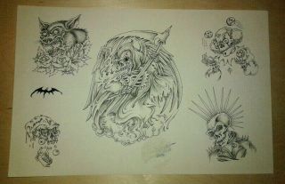 Vintage Daniel Higgs Tattoo Flash 80s Skulls Wolf Roses Bat Outline Sheet