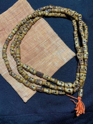 Antique 108 Bead Tibetan Hand Carved Yak Bone Skull Bead Mala W/ Storage Bag