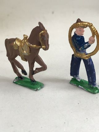 2 Vintage Lead Figures Cowboy With Rope And Horse