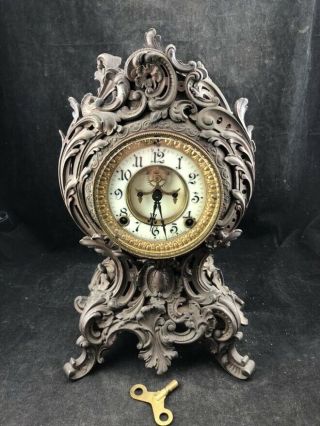 Antique Art Nouveau Bronze Ansonia Mantel Clock 14 1/4 "
