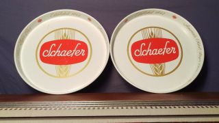 Two Vintage 12 " In Dia.  Red,  White & Gold Metal Schaefer Beer Tray
