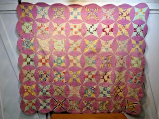 Vintage 9 Patch Spinning Star Quilt Hand Stitched Multi Color Design 69 " X 76 "