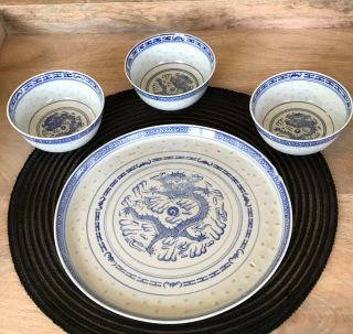 Vtg.  Chinese Rice Eyes Blue & White Dragon Pattern Set Of 3 Bowls & 1 Tray Euc