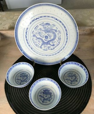 VTG.  Chinese Rice Eyes Blue & White Dragon Pattern Set Of 3 Bowls & 1 Tray EUC 2