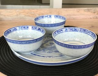 VTG.  Chinese Rice Eyes Blue & White Dragon Pattern Set Of 3 Bowls & 1 Tray EUC 3