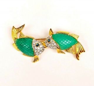 Vintage Kenneth Jay Lane Carved Faux Jade & Crystal Kissing Koi Fish Brooch Nos