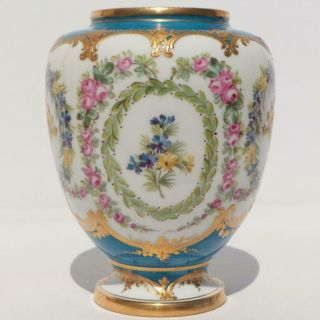 Antique French Sevres Porcelain Floral Vase Blue Celeste Gilt Enameled H:5 " /13cm