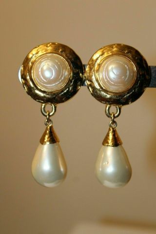 Vintage Yves Saint Laurent Gold Plated Faux Pearl Clip - On Earrings 2 1/2 "