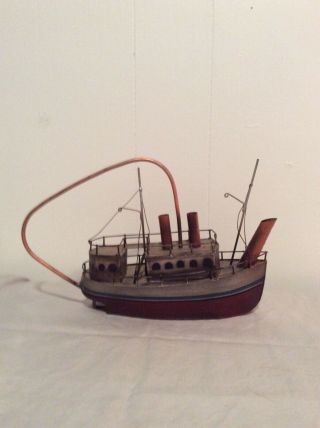 Vintage Tin Metal Hand Painted Model Steam /tug Boat Ship Handmade Folk Art