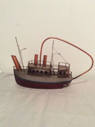 Vintage TIN Metal Hand Painted MODEL STEAM /Tug BOAT SHIP Handmade Folk Art 2