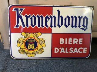 Large Vintage Kronenbourg Beer Porcelain Enamel French Advertising Sign 1950