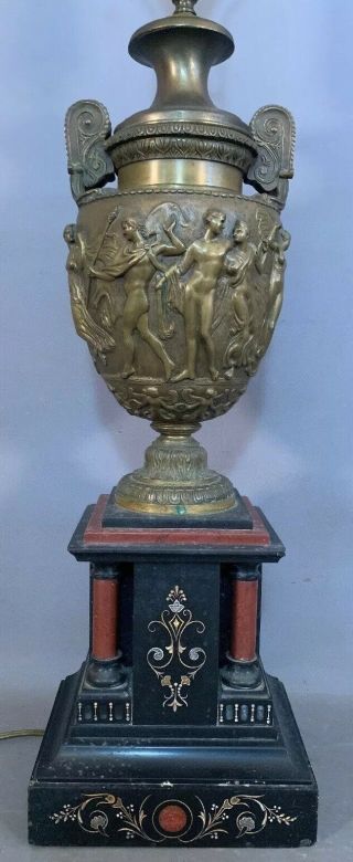 19thc Antique Victorian Bronze & Marble Urn Figural Greek Nude Lady Man Old Lamp