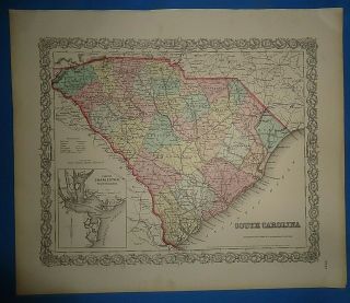 Vintage Circa 1857 South Carolina Map Old Antique Colton Atlas Map