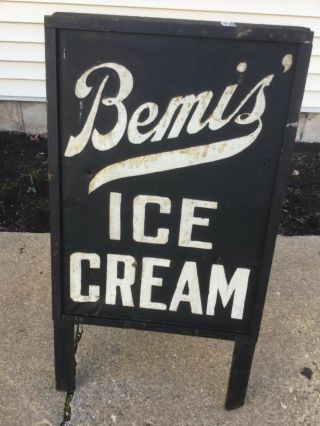 VINTAGE ICE CREAM Metal Wood Sign 2 sided Bemis’ Ice Cream 36 