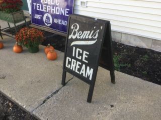 VINTAGE ICE CREAM Metal Wood Sign 2 sided Bemis’ Ice Cream 36 