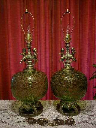 Vintage Set Of 2 Green Glass Globe Brass Cherubs & Base Table Lamps