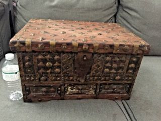 Old Antique Early Wood Brass Studded Treasure Chest Trunk W Drawers Box Folk Art