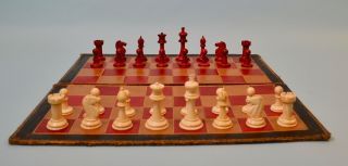 Antique English Bone Staunton Chess Set & Leather Chess Board C.  1875