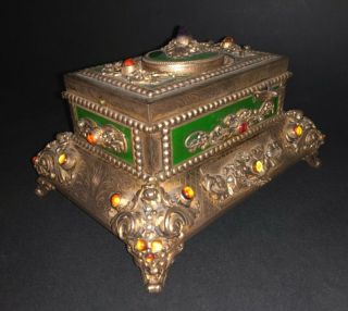Rare Antique Austro Hungarian Gilt Solid Silver Jeweled Musical Singing Bird Box