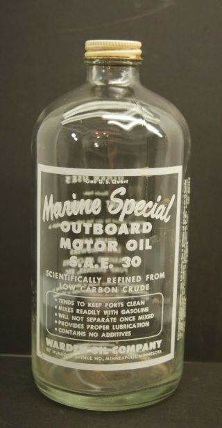 Vintage Marine Special Warden Oil Co.  Outboard Motor Glass Bottle 1 Quart