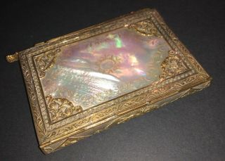 Antique French Palais Royal Carved Mother Of Pearl Gilt Bronze Card Case
