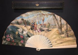 Great Large Antique French Art Nouveau Hand Painted Carnival Scene Fan