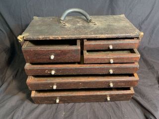 Vintage PILLIOD machinist tool box Wood Carpenter Chest Antique 6 Drawer Wooden 2