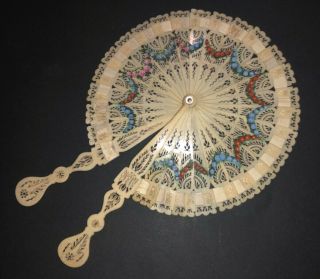 Rare Antique Circa 1800 Filigree Carved Hand Painted Cockade Fan
